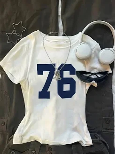 Girls' Oversized Short Sleeve T-Shirt Number 76 Printed Street Style