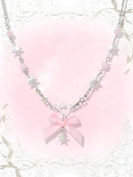 ROMWE Kawaii 1pc Cute Style Star & Bowknot Pendant Necklace Valentines