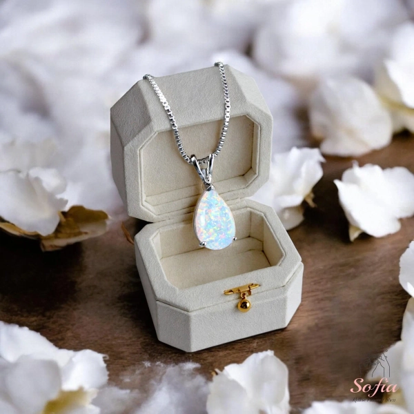 Minimalist Opal Stone Pendant - White Opal Teardrop Dainty Pendant Necklace Silver Chain - Fire Opal Necklace Gift for him, gift for her