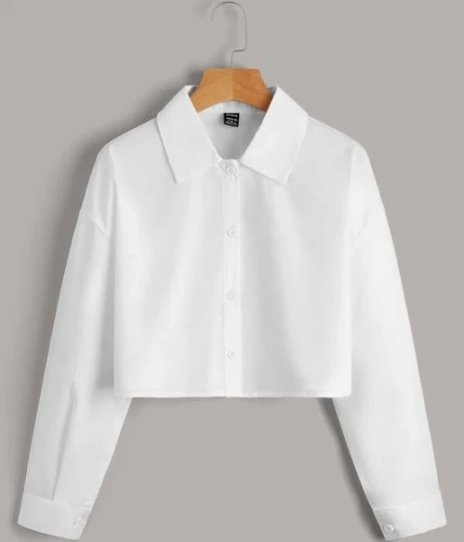 SHEIN Solid Button Front Crop White Shirt,Long Sleeve Tops,L