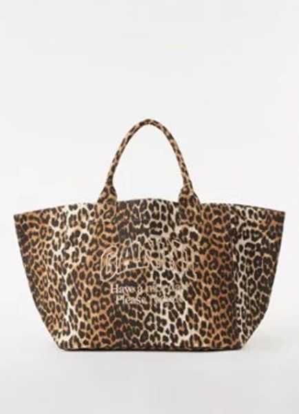 Ganni XXL shopper van canvas met panterprint en logoborduring - Bruin - 1 maat