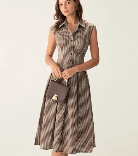 Rihoas Houndstooth Button-Up Midi Dress