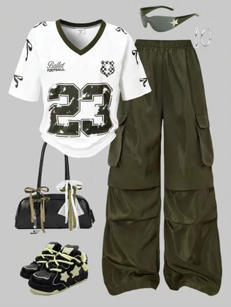 SHEIN 2pcs/Set Tween Girl American Style Raglan T-Shirt And Applique Pocket Cargo Pants