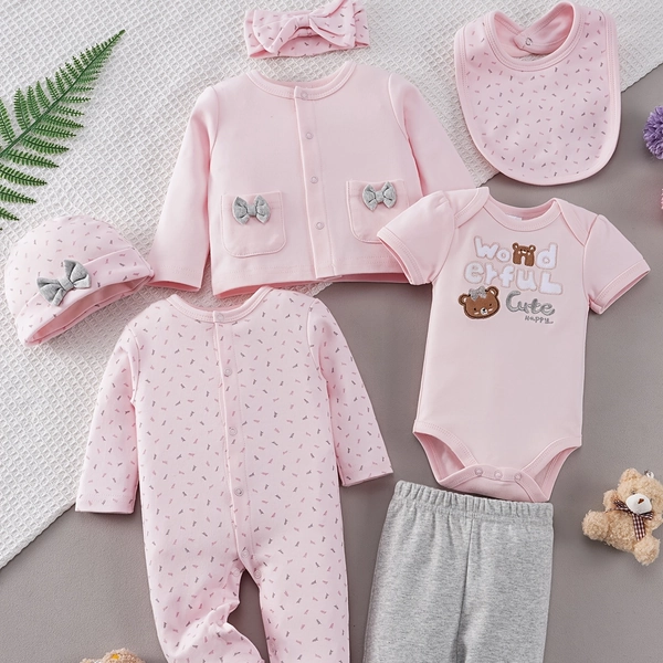 Conjunto de 7 piezas para gateo de recién nacido: Estampado y juego de 7 piezas, cárdigan, mameluco triangular, body, babero, pantalones largos, gorro y accesorios de ropa con lazo para el pelo, perfecto para exteriores