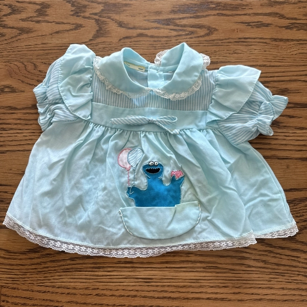 Vintage Sesame Street BABY Girls Blue COOKIE MONSTER   Frilly Lace Shirt 6-12m