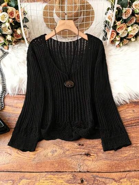 Women's Long Sleeve Solid Color Lace Patchwork Sheer Hollow Out Sweater