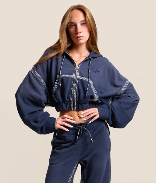 X-Small Medium Indigo Wash Relax Cropped Hoodie