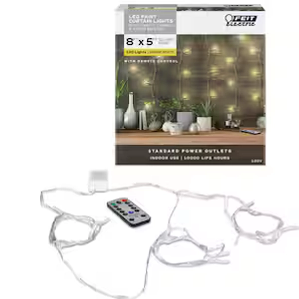 120-Light 8 ft. Plug-In Mini LED Indoor Silver Wire Warm White Curtain Fairy String Light with Remote