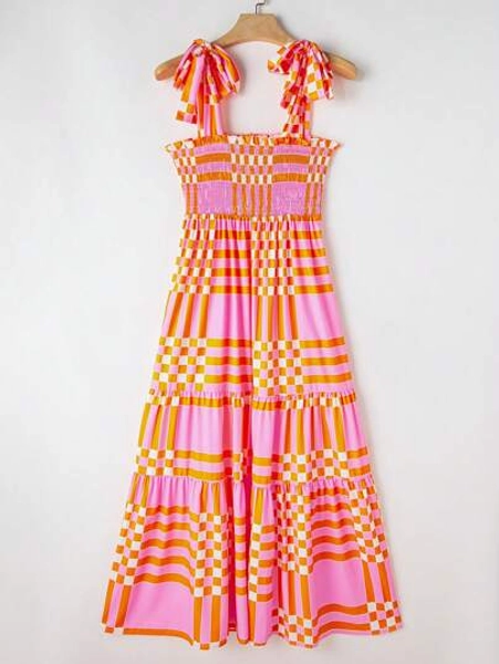 Acelitt Summer Pink Bohemian Gold Lace Smoking Long Dress