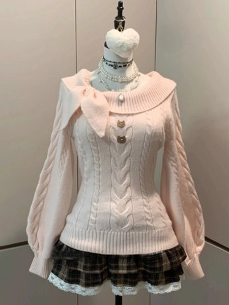 Sweet Lolita Top Sweater Long Sleeve Bunny Bow Collar Waist-cinching Knit Lolita Top