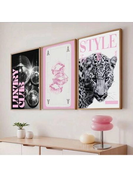1/3pcs Leopard Cheetah Wall Art Picture 8 Ball Lucky Prints Canvas Paintings Pink Girly Posters Preppy Chic Luxury Decor For Bedroom, Living Room, Or Dorm Room Decor Gift For Her Unframed