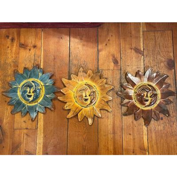 Handmade Clay Sun/Moon Solar Eclipse Celestial Style Metal Cutout Sun Flames - Wall Decor Yard Art - 3 Rustic Color Combinations Available