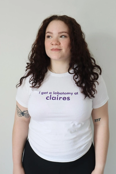 Embroidered 'I Got A Lobotomy At Claires' Cropped, Short Sleeve, Adult Female, Baby Tee