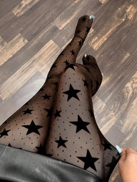 Calvaya Plus Size Women's Fashionable Sexy Sheer Tights With Star And Polka Dot Pattern Fall Cloth For Women