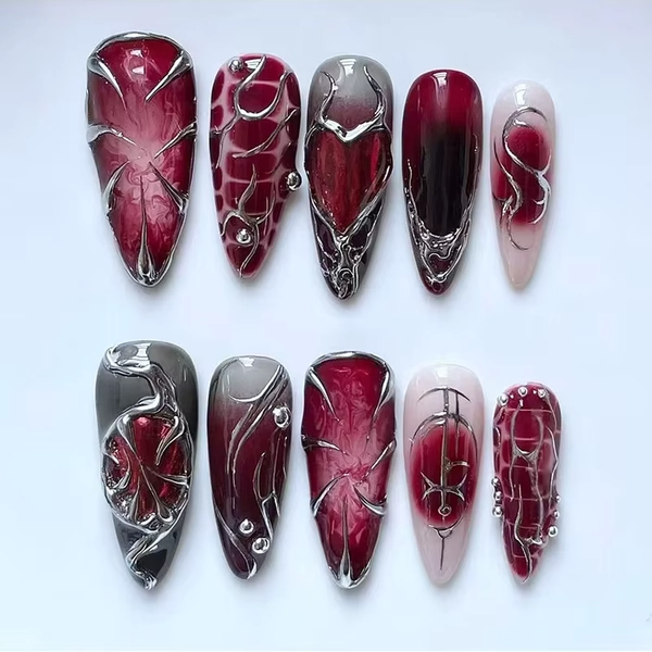24Pcs Mysterious Red Y2k False Nails with Heart-shaped Design Long Almond Punk Style Press on Nail Stiletto Detachable Fake Nail