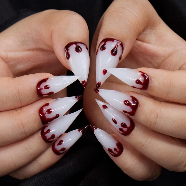 Halloween Blood Drip Claw Nails, Vampire Stiletto Claw Nails, Gothic Horror Cosplay Nails, Spooky White Red False Nails, Whimsical Nails
