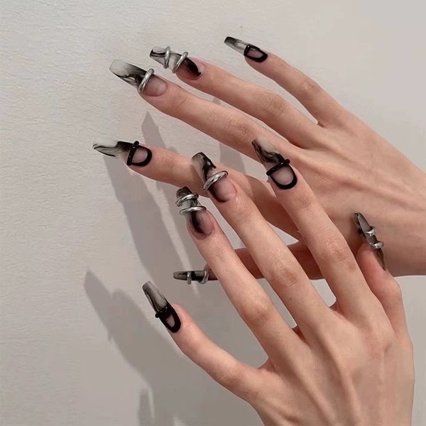 10PCS Handmade Luxury Dark Press On Nails Black Long False Nails y2k Pressons Full Cover Wearable Nail Tips - AliExpress 