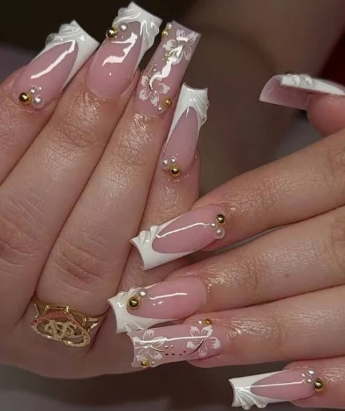 White French Press-On Nails Acrylic Designs French Tip 24pcs Rectangular 3D Gel Lotus Flower Pearl Decor ABS Daily Party Spring False Nail