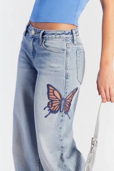 Casey Women's Low Rise Baggy Jeans with Butterfly Applique