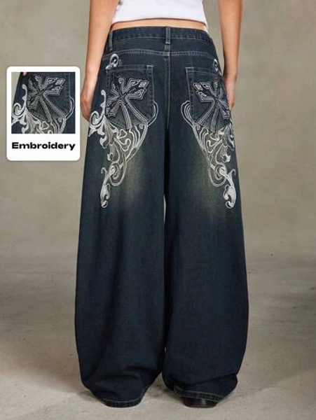 ROMWE Grunge Punk Cross & Vine Graphic Distressed Wash Oversized & Extra Long Wide Leg Boy Friend Jeans, Punk Rock Inspired
