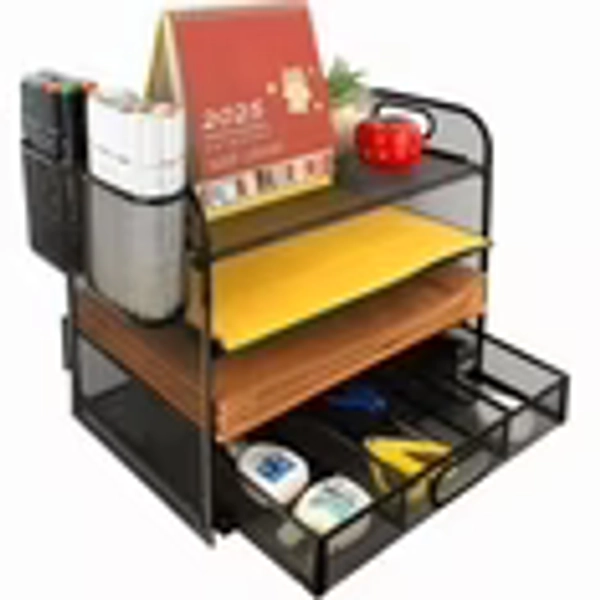 PHANCIR 4-Tier Desk Organizer, New Office Supplies, Metal Desktop File Organizer & Storage with Pull-out Drawer, 1 Pack