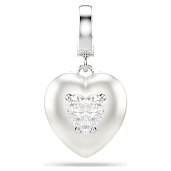 Idyllia charm, Mixed cuts, Pearl-colored coating, Heart, White, Rhodium plated