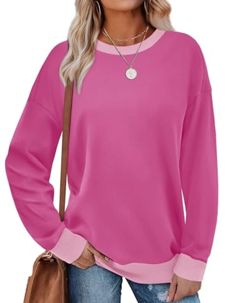 Saloogoe Long Sleeve Tops for Women Trendy Loose Fit Sweatshirts Comfy Shirts Y2K Travel Outfits 2025 Hot Pink L