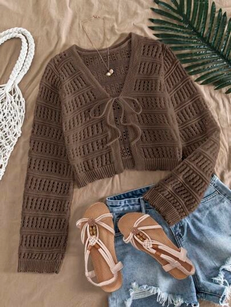 Travachic Women's Autumn/Winter  Casual Solid Color Textured Sheer Open Front Long Sleeve Cardigan, Tops For School,Long Sleeve Tops, Tops For School,Suitable For Holiday, Date, Afternoon Tea, Western, Cruise, Beach, Island, Road Trip, All Seasons, Music Festival, Boho Vacation,Bohemian Vacation,  Chill Autumn ,Western  Boho
