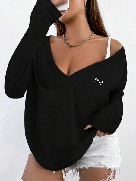 Flirla Camiseta casual de manga larga con cuello en V sexy y hombros abiertos de unicolor, minimalista y de moda, camisetas gráficas de uso diario para mujer, tallas grandes