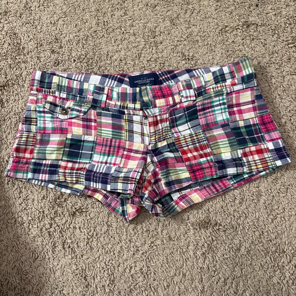 American eagle plaid micro shorts with eagle on the...