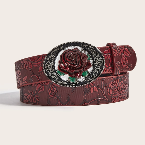 [Western Rose Buckle Belt] Men's Belt - Fashionable Western Style Rose Buckle - Red PU Embossed Band - Suitable for Jeans Decoration Accessory - 1pc