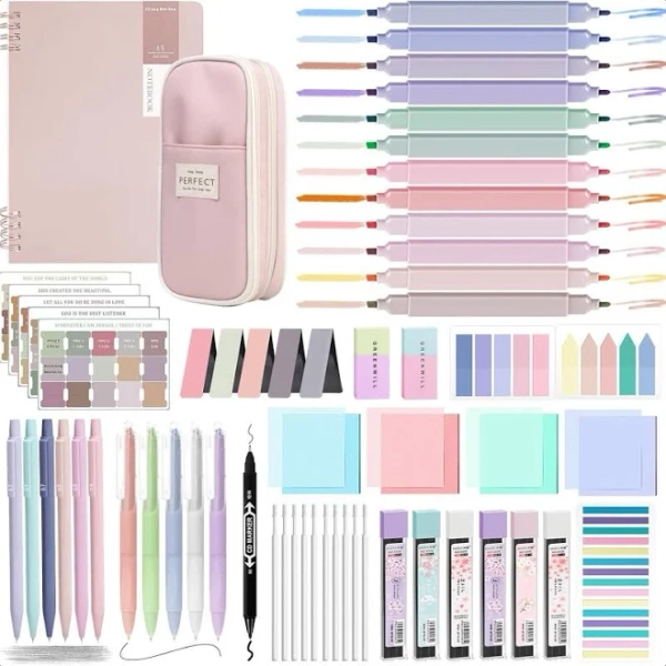 Aesthetic School Supplies with Cute Pencil Case, Pastel Highlighters, Gel & Erasable Pens, Mechanical Pencils, Refills, Complete Essentials Stationery