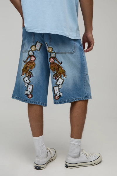 Tiger Embroidered Longline Denim Jorts
