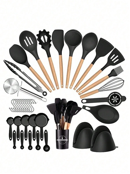 36 pièces Set d'ustensiles de cuisine en silicone, set d'ustensiles de cuisine avec manche en bois résistant à la chaleur, outils de cuisine antiadhésifs, comprenant une spatule, un coupe-pizza, des gadgets de cuisine, des accessoires de cuisine, fournitures de cuisine pour la maison