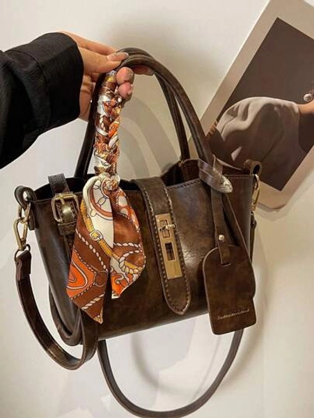 1pc Fashionable And Simple Locking Pu Shoulder Bag, Crossbody Bag, Handbag (Convertible) With Silk Scarf, Suitable For Daily Use