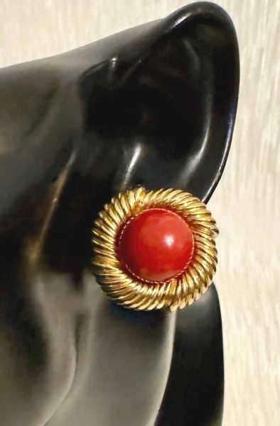 Vintage Ciner Clip On Earrings: Gold Plated Red Cabochon, 1980s Designer Jewelry