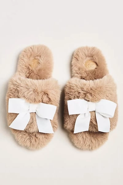 Maeve Faux Fur Open-Toe Bow Slippers