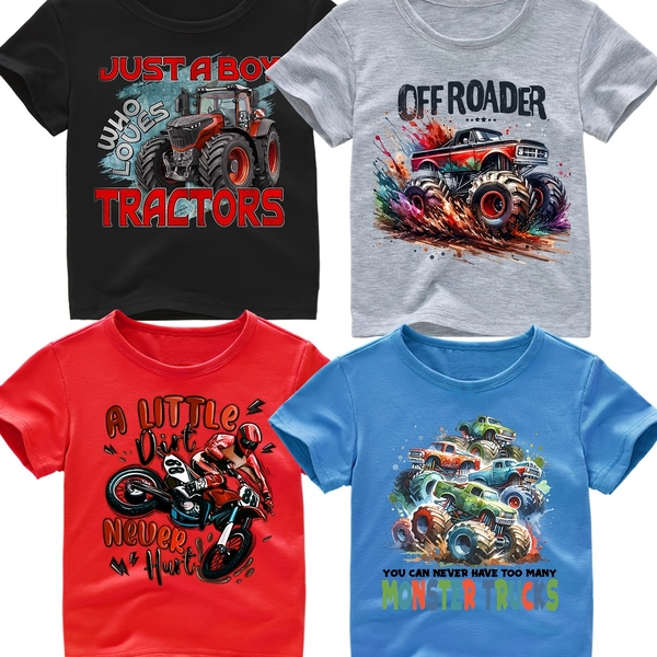 4-Pack Chicfull Boys' T-Shirts, Crew Neck Polyester Knit Fabric, Regular Fit, Spring/Summer Casual Tops with Tractor & Off-Road Vehicle Prints, Slight Stretch - JUST A BOY LOVES TRACTORS, A LITTLE Never Hurt, MONSTERARIES Designs