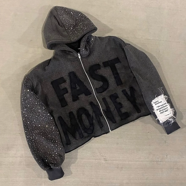 Fast Money Patch Embroidery Gemstone Crafts Zip-Up Washed Hoodie