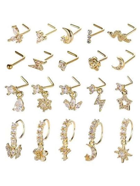 20Pcs 20G Dangle Nose Ring L Shaped Dangling Nose Stud For Women Stainless Steel Nose Ring Studs CZ Flower Dangle Nose Rings Hoops Nose Piercing Jewelry Valentines,Mom,Mother,Mother's Day,Gift