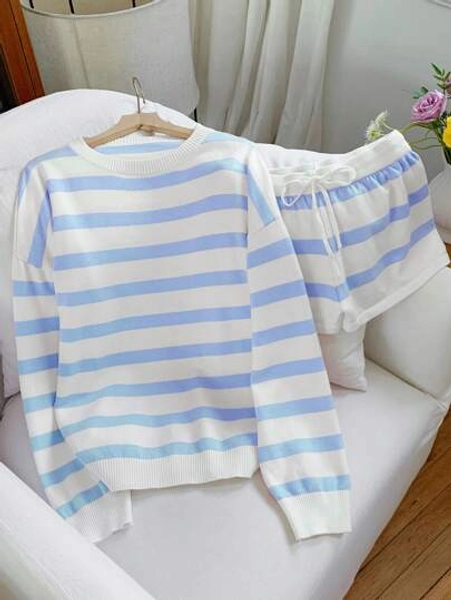 Comfortcana Women's Autumn New Striped Knit Two Pieces Set Blue And White Striped Set Comfy Set,Fall