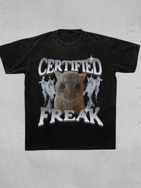 Glimmora Certified Freak Funny Cat Meme Graphic Short Sleeve Loose Fit Vintage Style T-Shirt For Women, Humorous Pet Gift, Suitable For Daily Wear In Spring/Summer