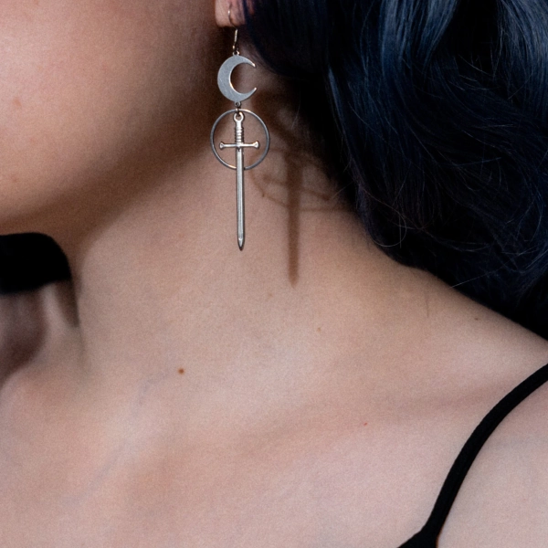 Celestial Sword Earrings, Stainless Steel Moon, Gothic Elven Jewelry