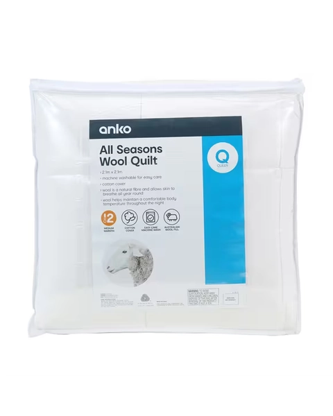 Medium Warmth All Seasons Wool Quilt - Queen Bed, White