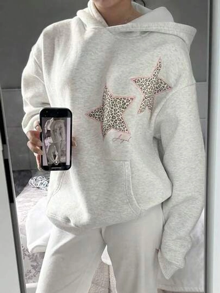 SLogan Star Leopard Print,Women's Oversized Fit&Long Length Pocket Long Sleeve Hoodie/Hooded Sweatshirt/Sweatshirts For Fall/Autumn&Winter,Long Sleeve&Baggy Drop Shoulder&Pullovers,Night Out/Daily/Office/Home/Street/Travel/Airport/Brunch,Fall Women Clothes,Fall Clothes,Autumn Clothes,Winter Clothes For Women,Winter,Winter Clothes,Homecoming,Cute,Cute Tops Women,Kawaii,Y2k Clothes,Streetwear,Teacher Outfits For Women,Airport Outfit For Women