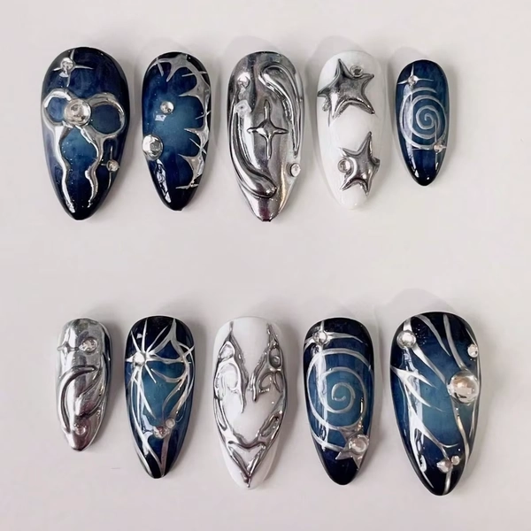 10Pcs Handmade Acrylic Press On Nail Set, Long Almond Mirror Glossy Dark Blue Nails, Retro Y2K Goth Nails, Fake Nails, Summer