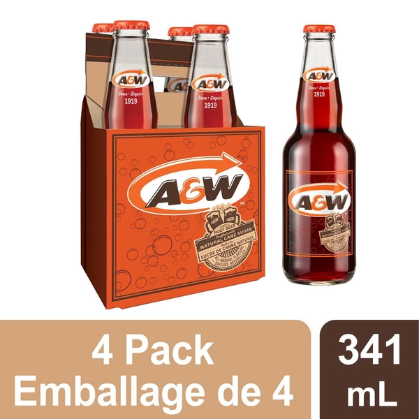 A&W Root Beer 341mL Glass Bottle, 4 Pack