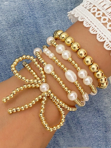 5pcs/Set Bow & Pearl Accent Women Bracelets, Handmade Elastic String Beaded Pearl CCB Bracelets, Suitable For Daily Match, Shopping, Travel, Party, Gift