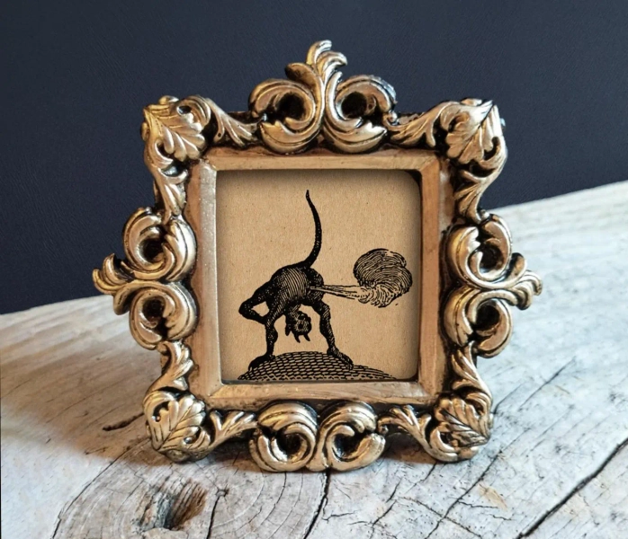 Demon Fart Print in Baroque Gold Frame - Antique Devil Woodcut Reproduction Print Framed
