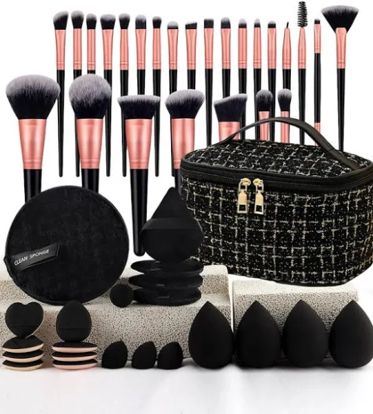47Pcs Tweed Style Makeup Bag And Brushes Set Professional Tools